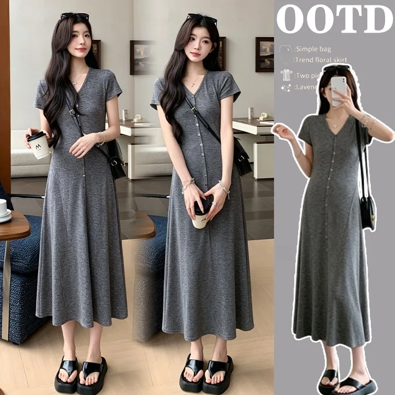 Maternity Dress Summer New Loose Long Skirt Lazy Style Comfortable Cotton Polyester Blend Midi Dress V-Neck Short Sleeve Women