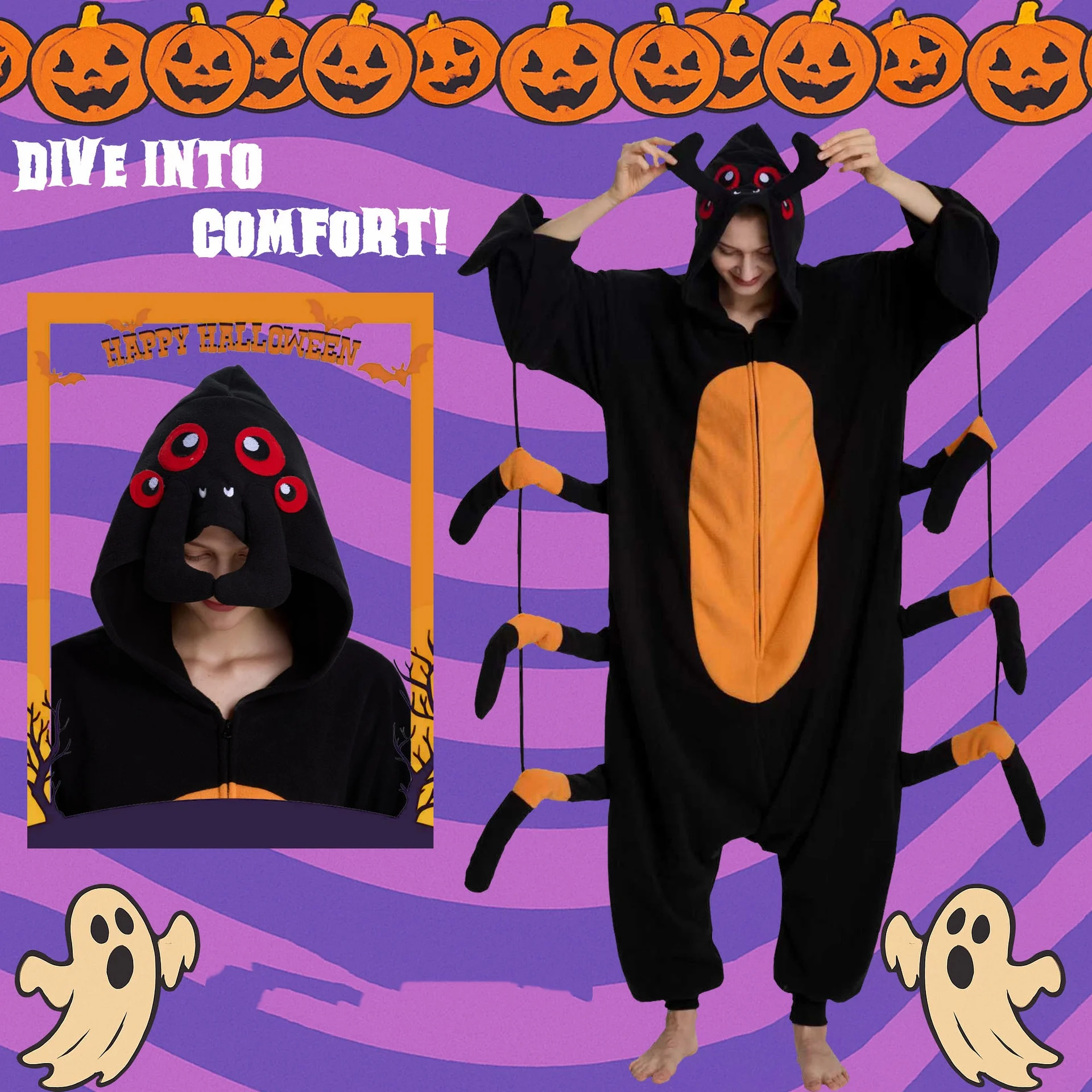 남성과 여성을 위한 할로윈 원지 겨울용 편안하고 통기성 좋은 라운지웨어 공룡 거미 스타일 겨울 파자마