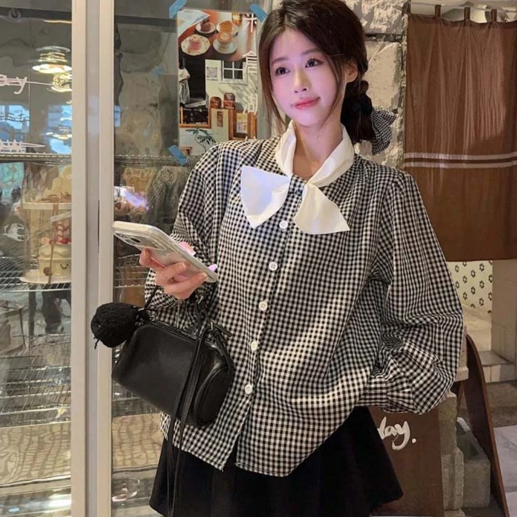 

Повседневная винтажная женская рубашка в клетку с длинным рукавом, воротником-стойкой, узлом и цветовыми блоками, в корейском стиле, свободного кроя, весенняя мода