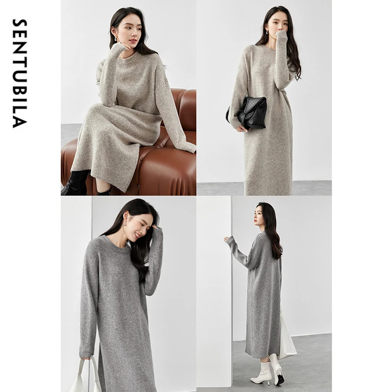 SENTUBILA Wool Knitted Dress for Women 2024 Winter Casual Simple Loose Fit O Neck Drop Sleeve Comfort Long Dress W44L57649