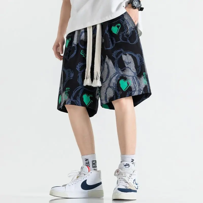 Summer Men Thin Ice Silk Beach Shorts Elastic Waist Pocket Cartoon Print Graffiti Fashion Casual Versatile Loose New Short Pants