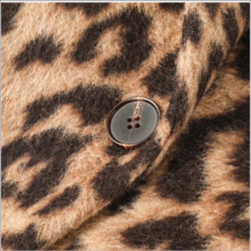 Vintage Women Winter Coats Leopard Lapel Double Breasted Mid Long tweed Long Sleeve Big Pockets Winter Woollen Blends jacket