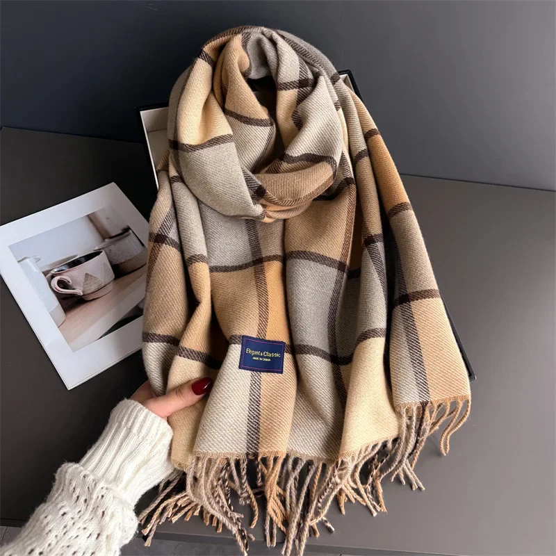 

Теплый шарф для шеи для женщин и мужчин, зимняя утолщенная шаль из пашмины с кисточками, искусственный кашемир с принтом, осеннее элегантное женское одеяло