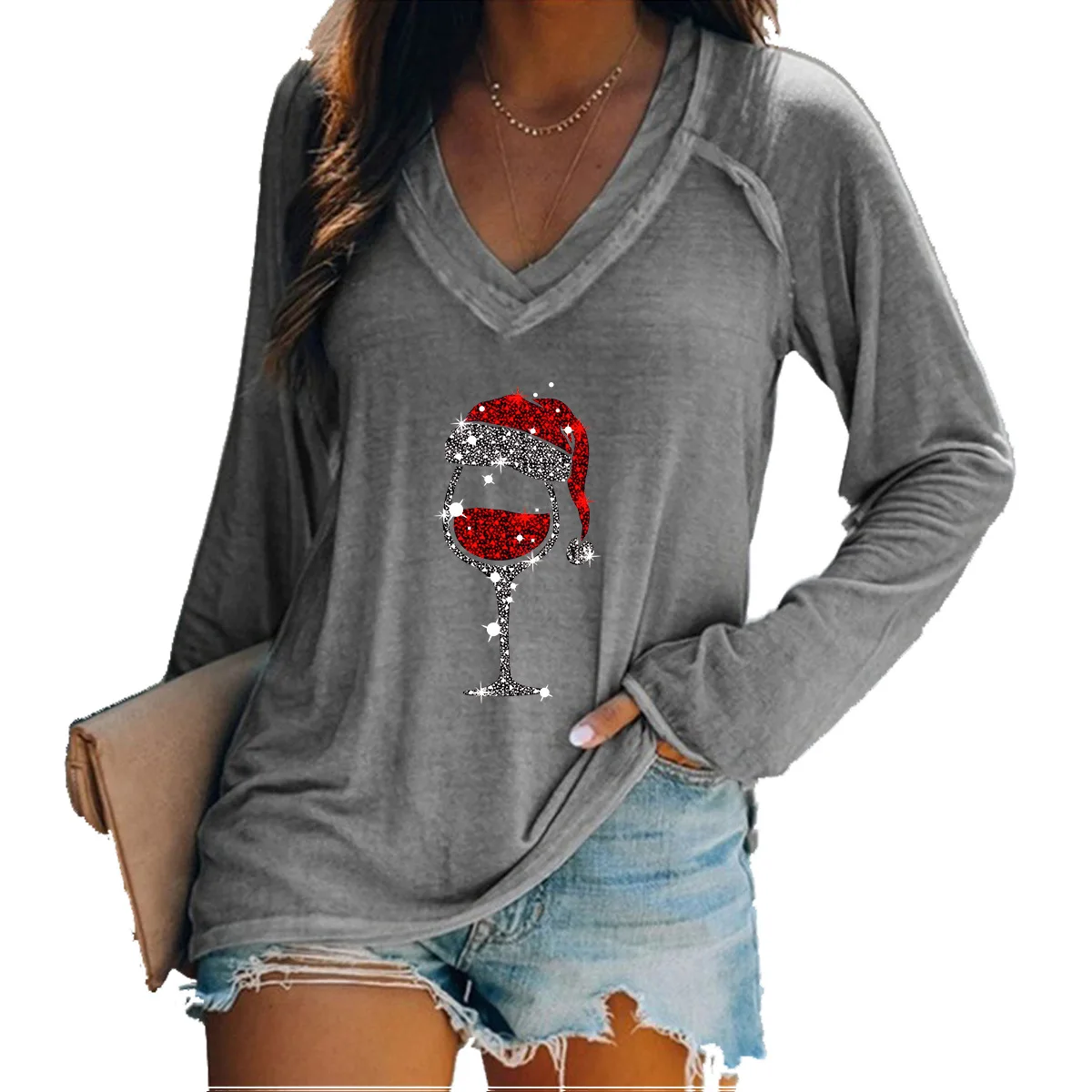 

Fashion Women's Elegant V-neck Long Sleeve T-shirt Printed Polyester Christmas Cup Design Streetwear Top Shirts for Women