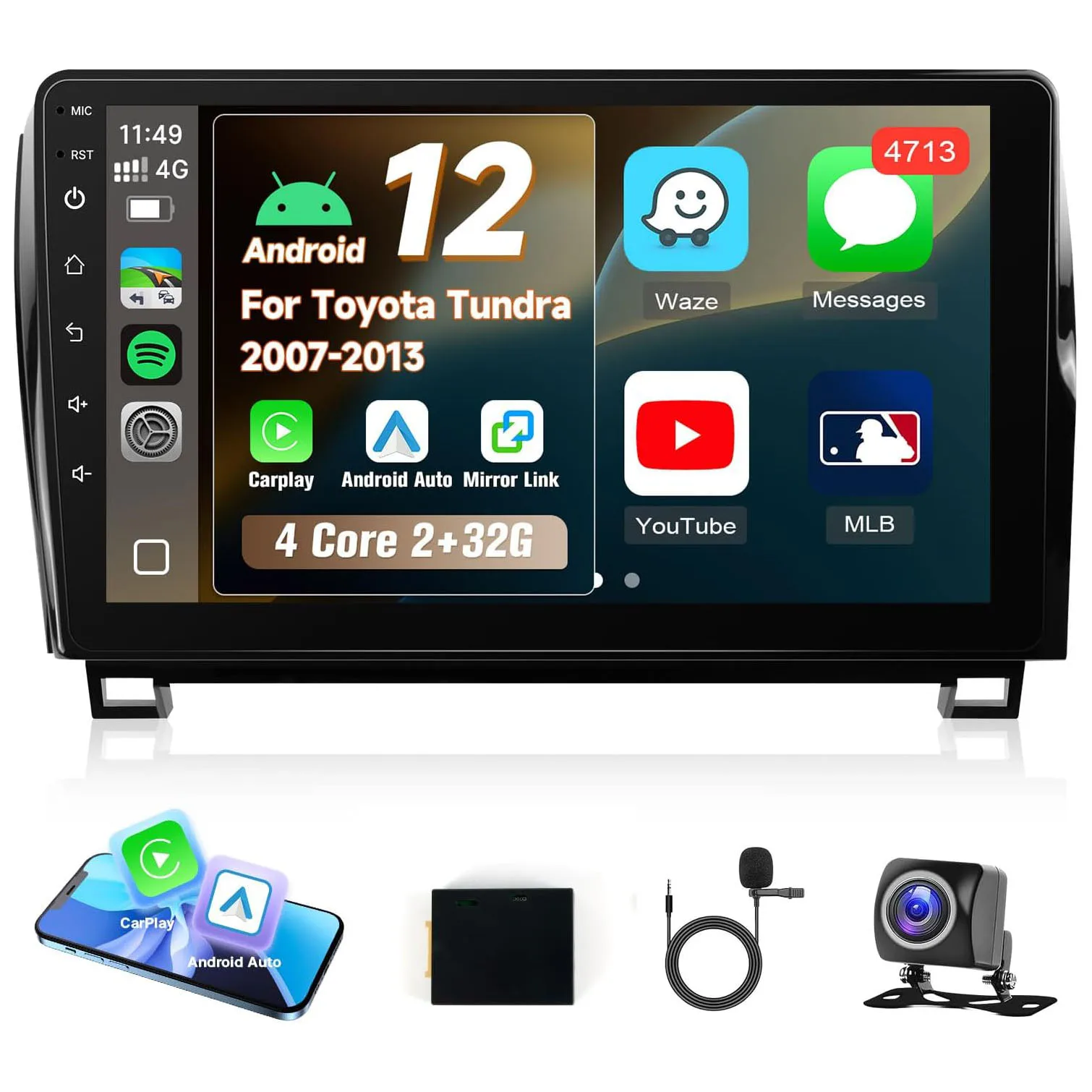 10.1 inch Touch Screen Tundra Stereo Kit Wireless Carplay Android Auto GPS Bluetooth 5G WiFi FM SWC + Backup Camera