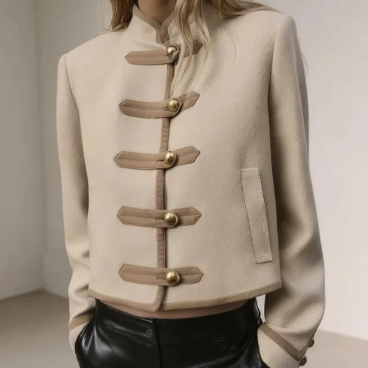 

Beige French Style Button Jacket Mandarin Collar Contrast Trim Gold Buttons Pocket Loose Cropped Vintage Outerwear 202606H