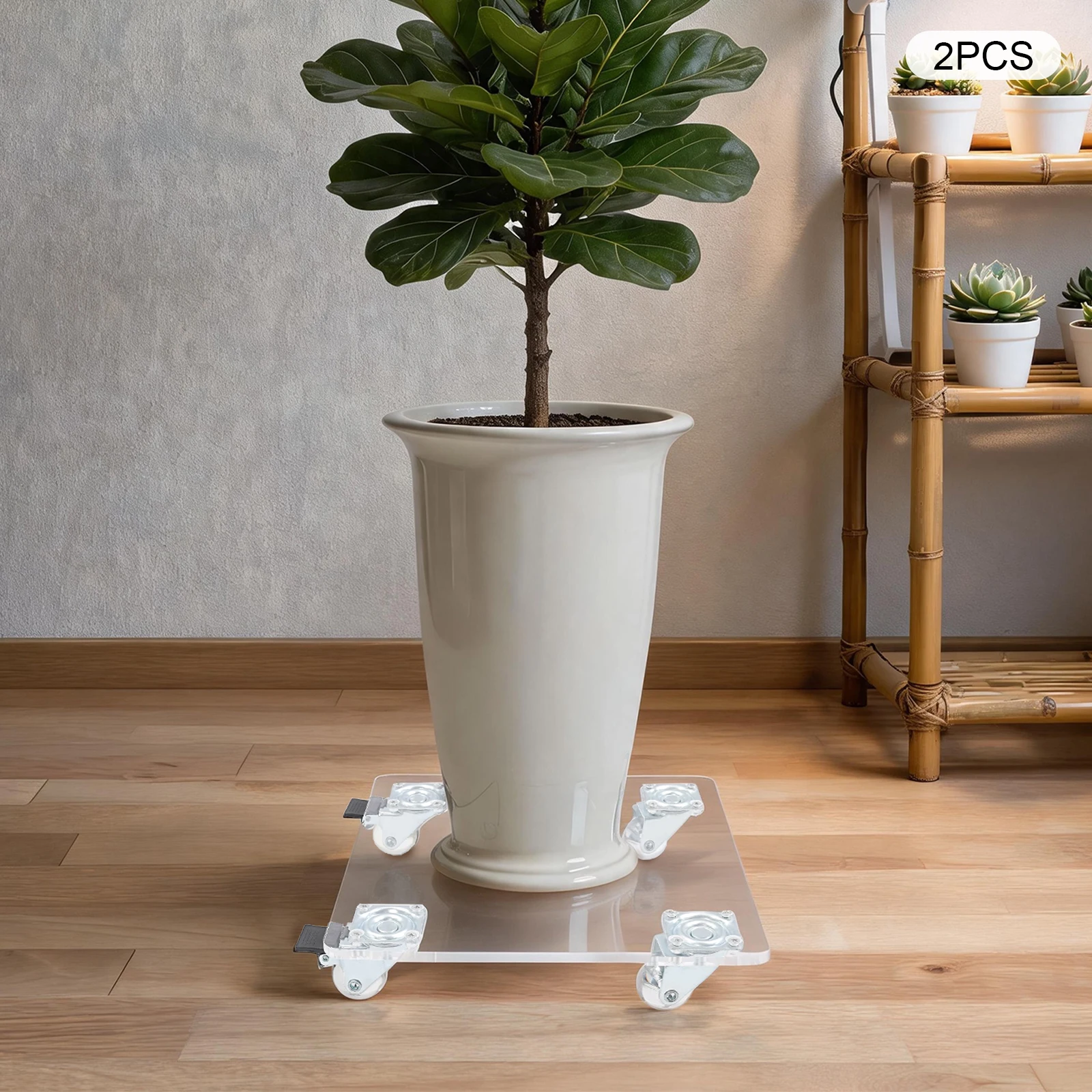 2 Pack Clear Acrylic Plant Caddies, 7mm Thick 88.18lbs Load Per Stand, Square/Round Rolling Plant Stand With 4 Swivel Casters & 2 Brakes For Balcony Garden Flower Pot Vase