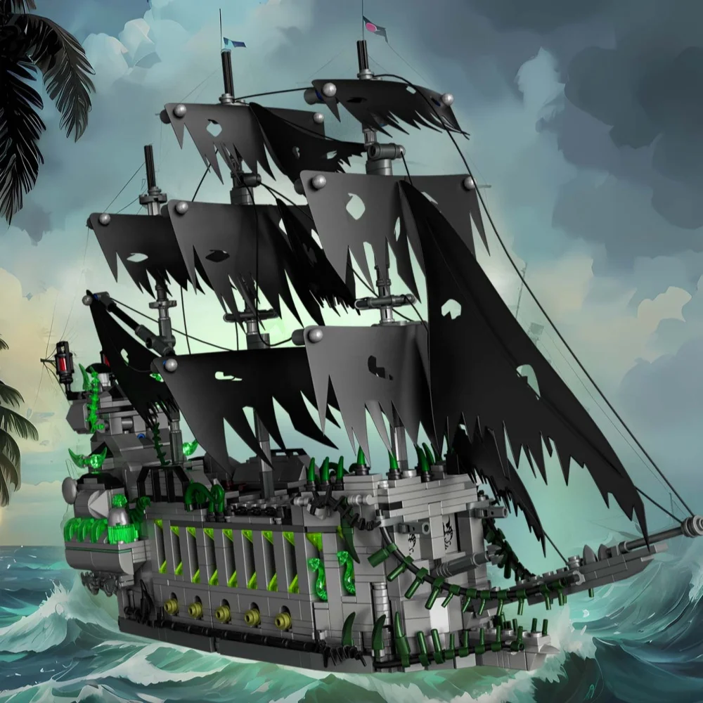 ألعاب مكعبات بناء سفينة القرش البحرية الشبحية - سفينة شبح القرش والقرصان ذات الهيكل العظمي المتكامل، LED - مضاءة للمثيرة #2