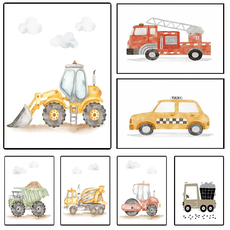 Watercolor Vehicles Wall Art Construction Trucks Emergency Car Canvas Print Kids Room Decor for Boys Nursery Toddler Home Decor