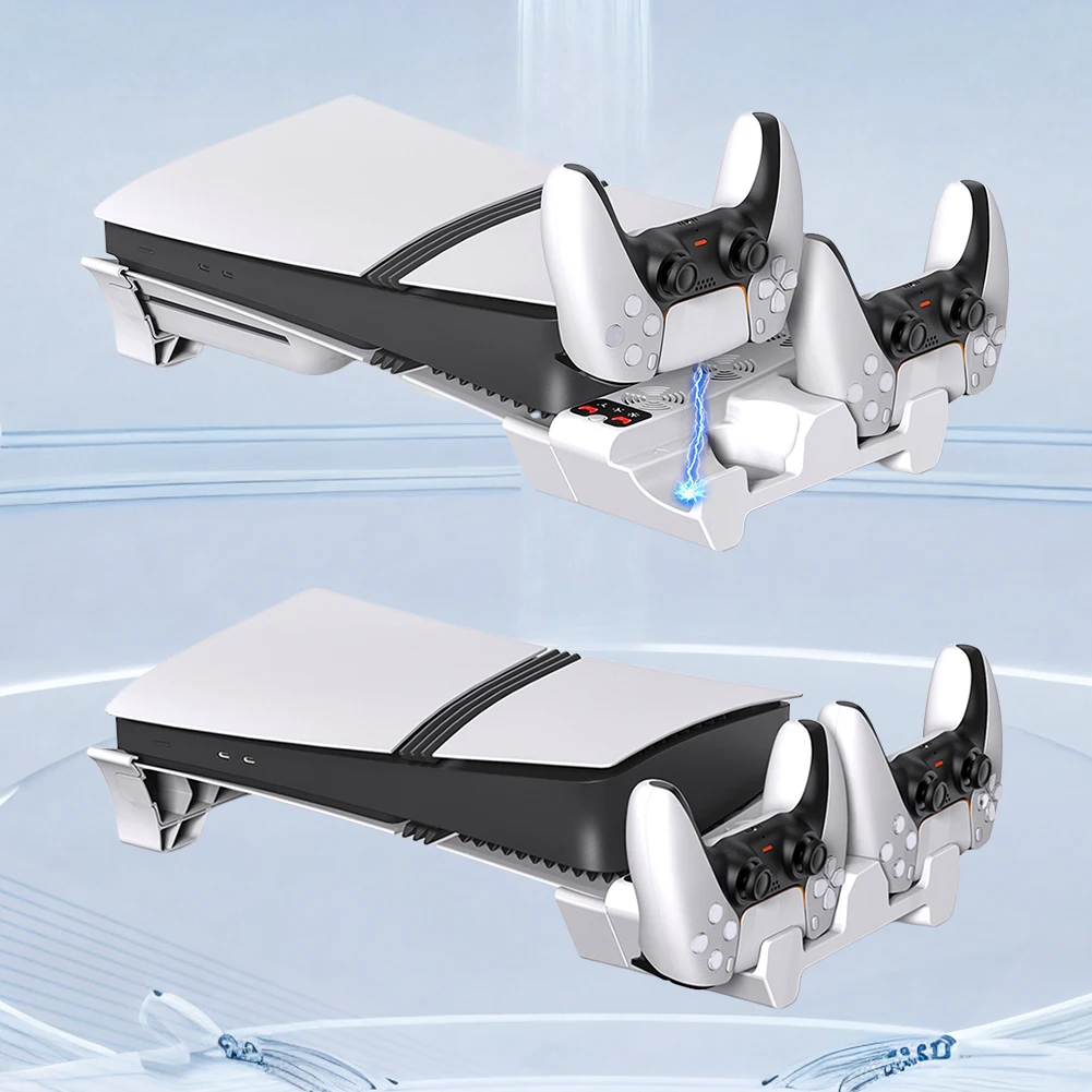 

Horizontal Stand and Cooling Station with 3-Level Fan Dual Controller Charger for PS5 Slim/PS5 Pro Disc/Digital Edition