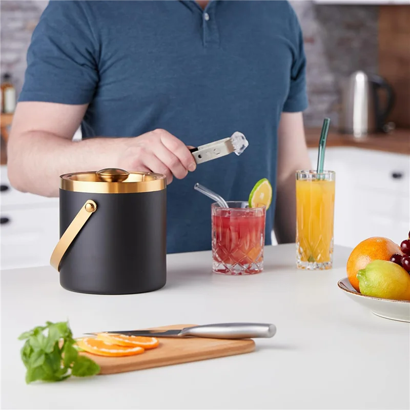 

AT02-2X Ice Bucket, Stainless Steel, Double-Walled, Ice Bucket With Lid & Handle, 2 L, Ice Cube Bucket Black & Gold