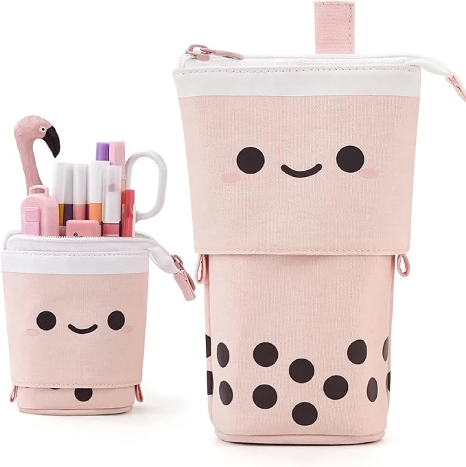 

Makeasy Cute Pencil Case Standing Pen Holder Telescopic Makeup Pouch Pop Up Cosmetics Bag with Kawaii Smile Face Stationery case