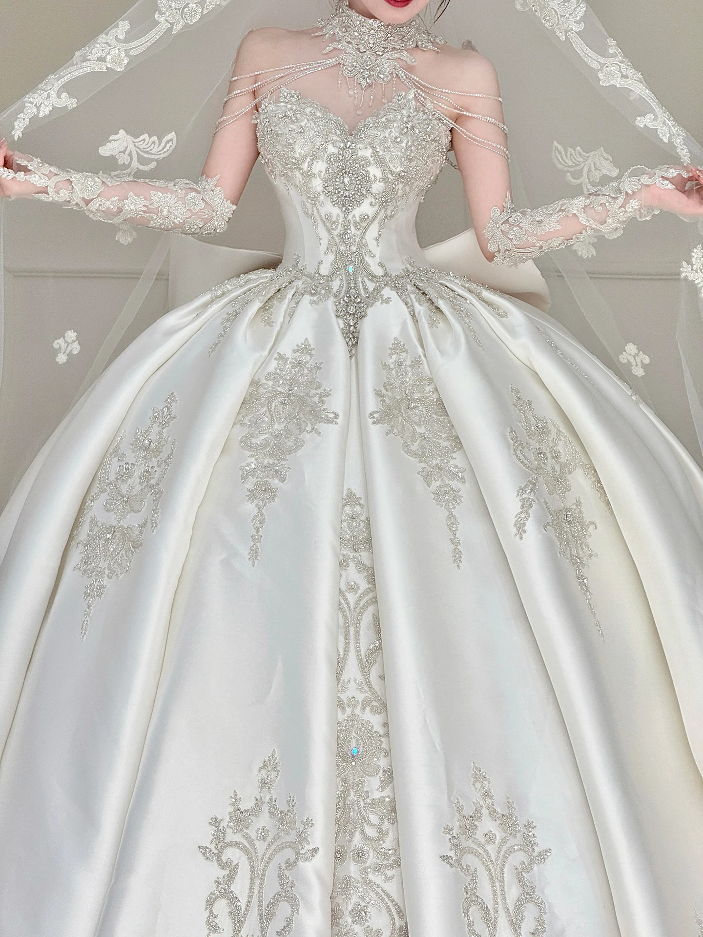 فساتين زفاف بدون حمالات، فستان زفاف فاخر من الساتان لحفلات الزفاف، فستان زفاف لامع مخصص #6