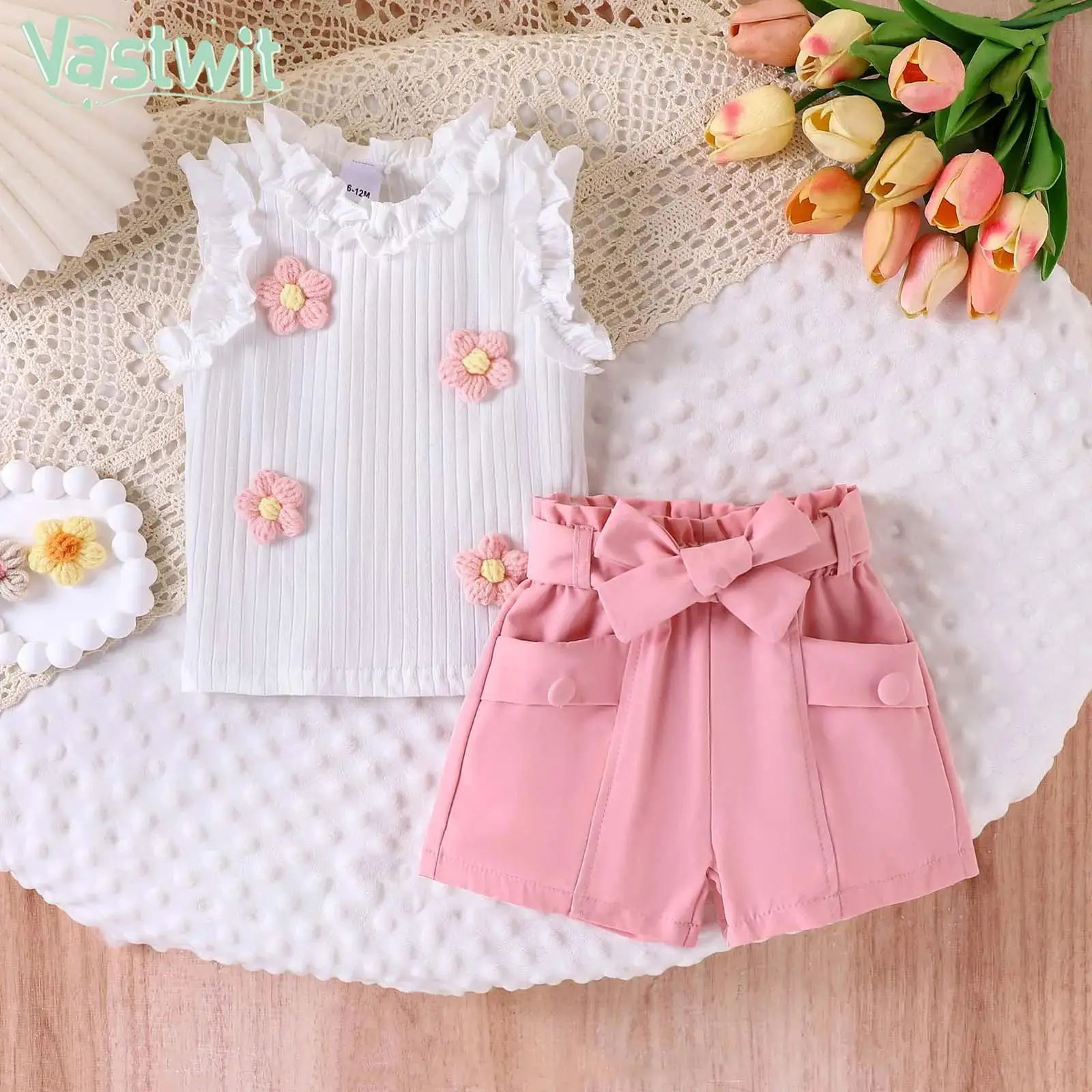 

Летний повседневный милый наряд для маленьких девочек, жилет в рубчик с 3D цветами, топ с шортами и поясом для повседневной школьной вечеринки, праздничной фотографии