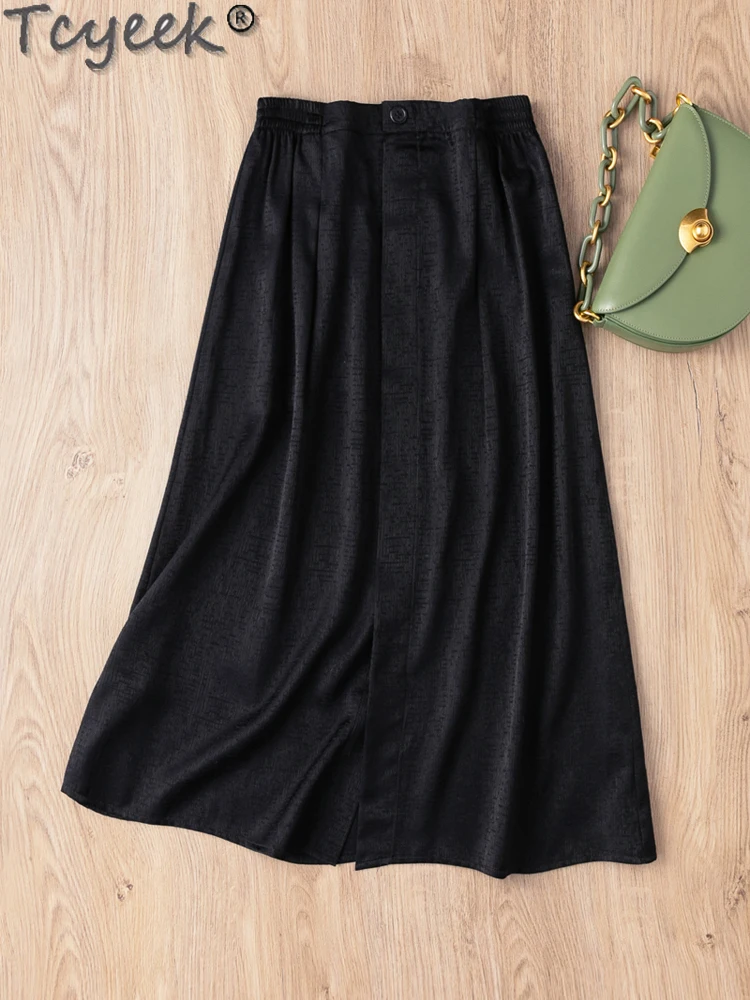 

Tcyeek 93% Mulberry Silk Skirts for Woman Spring Summer Clothes Women's Elegant Skirts A-line Skirt Black Midi Skirt 2024