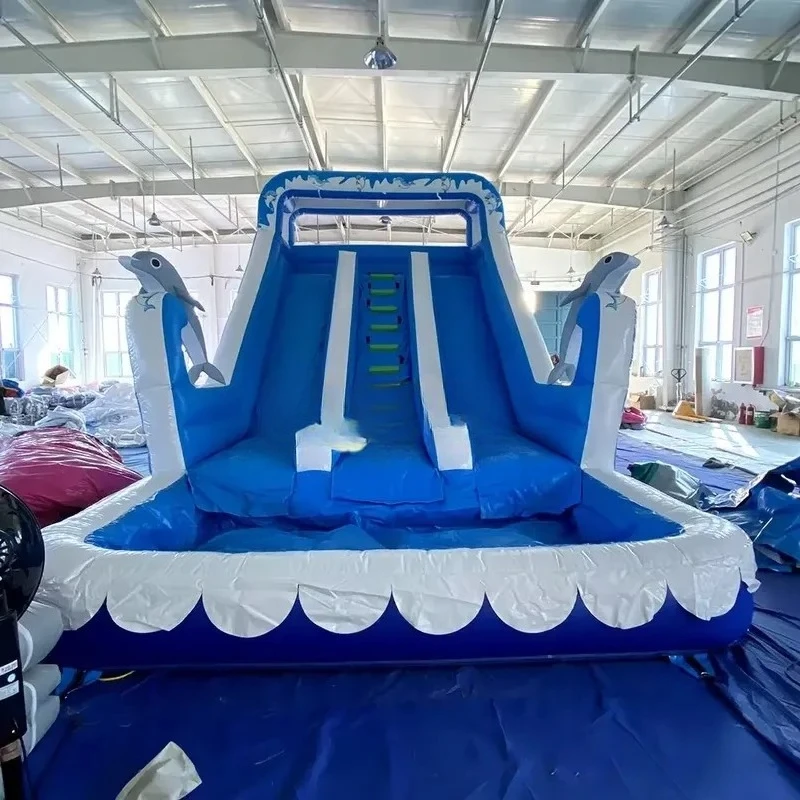 2026Commercial Giant Inflatable Double Water Slide Dolphin Pool Slide Inflatable Bounce House with Pool for Adult Kids for Free