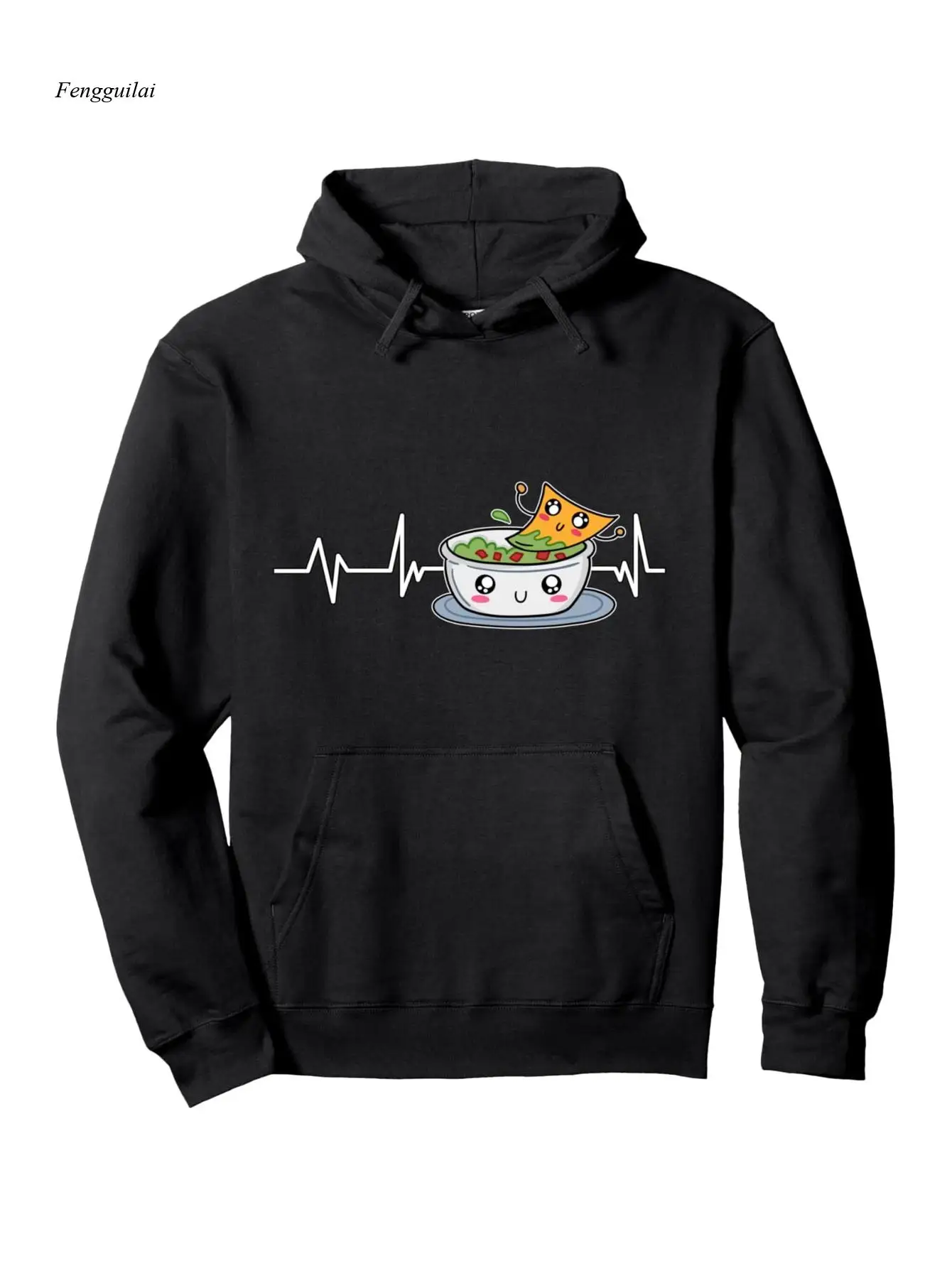 Sudadera con capucha gráfica Guacamole & Tortilla Chips Heartbeat - Diseño Mexicano Foodie con estampado de aguacate y chile pimienta