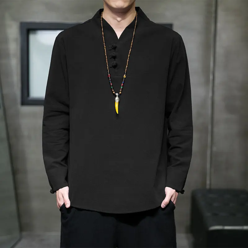 2026 Spring and Summer New Men's Cotton and Linen Long-sleeved T-shirt V-neck Disc Buckle Bottoming Shirt Tang Clothing