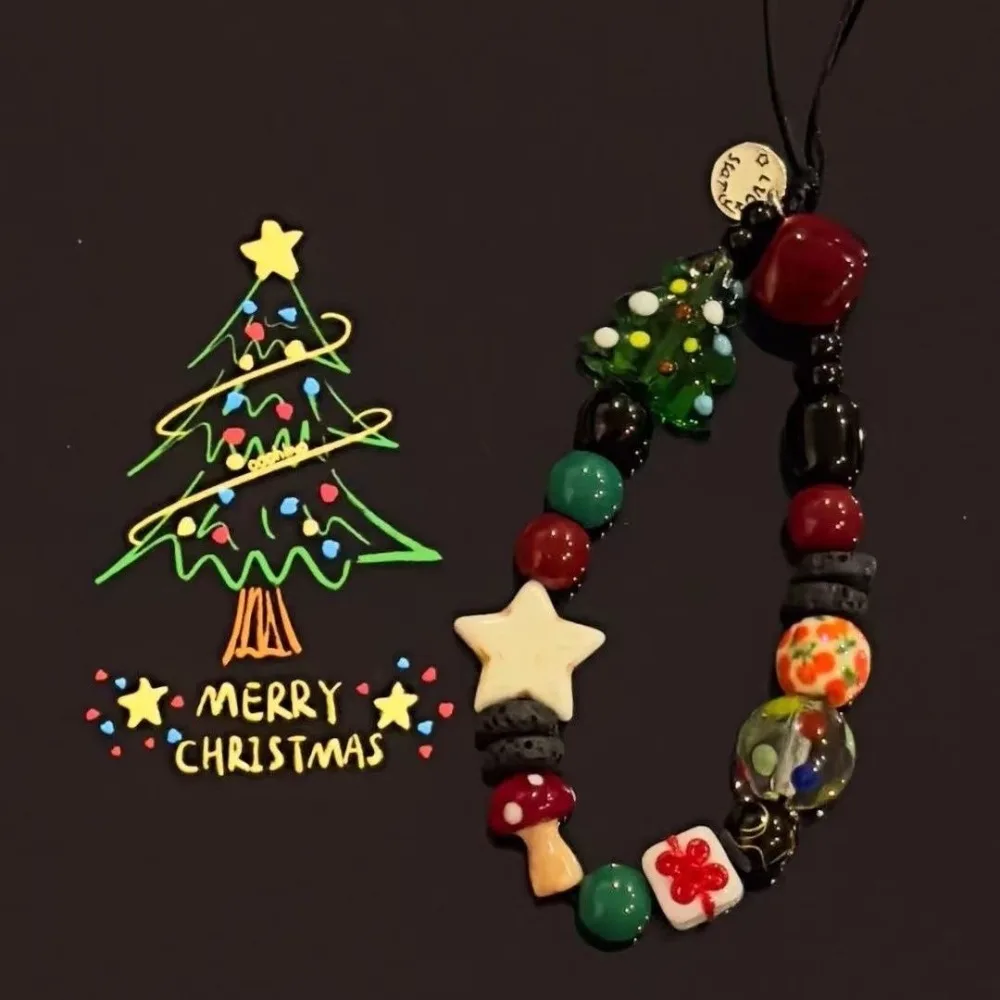 New Christmas Tree Beaded Mobile Phone Chain Charm Women Girls Holiday Gifts Cell Phone Case Anti Lost Lanyard Telephone Jewelry