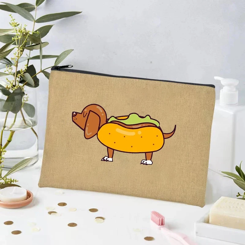 Fun Banana Dog Heart-shaped Printed Linen Cosmetic Bag New Zipper Sundries Storage Pouch Office Supplies Stationery Pencil Case