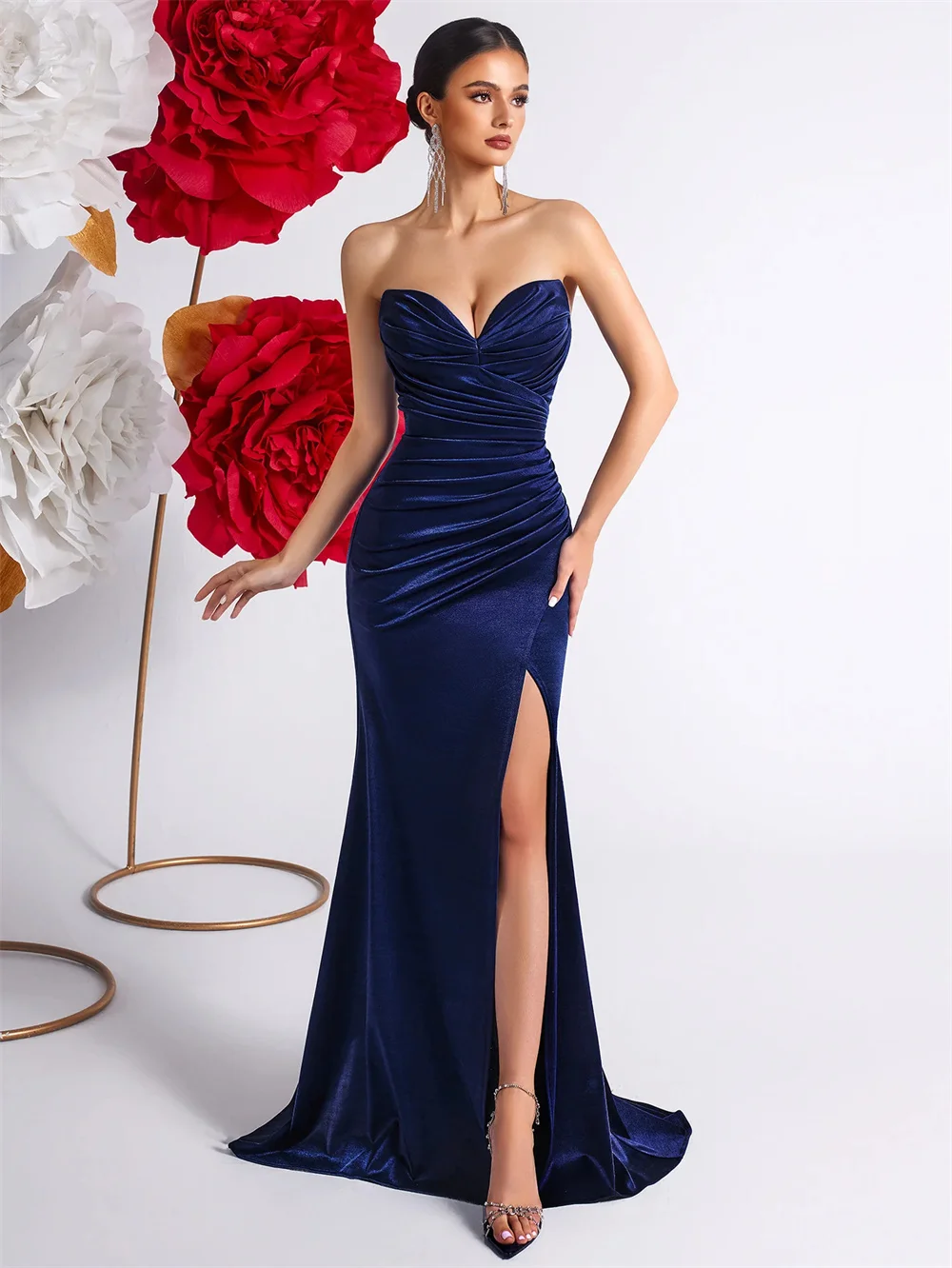 

Women's Formal Evening Gowns Velvet V Neck Sleeveless Pleated Side Split Evening Dresses Formal Wedding Guest Dress Prom Dresses