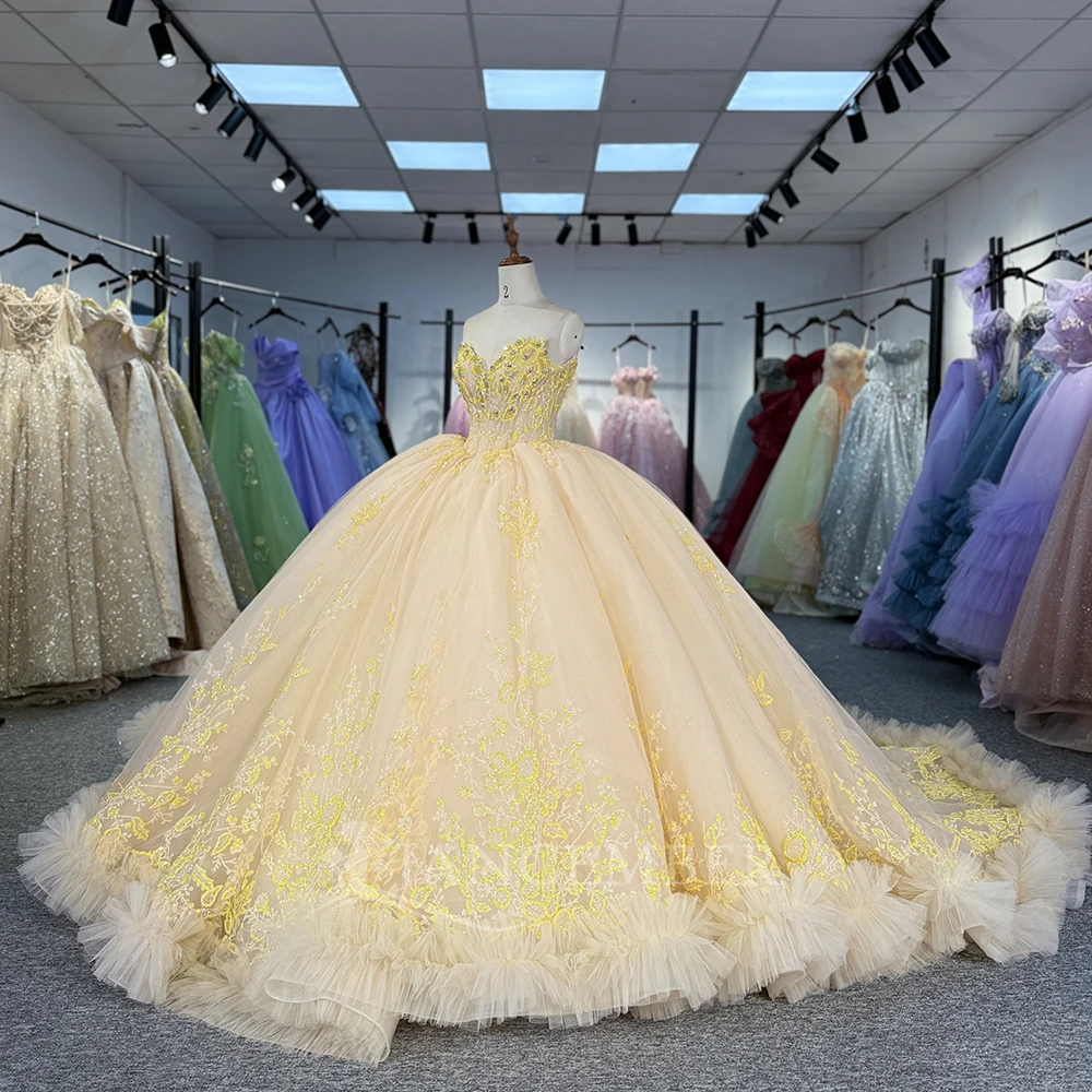 Vestido De quinceañera amarillo personalizado, Vestido De baile sin tirantes De encaje sin mangas con cuentas superfinas, dulce 16 Vestido De 15 Anos DY1334