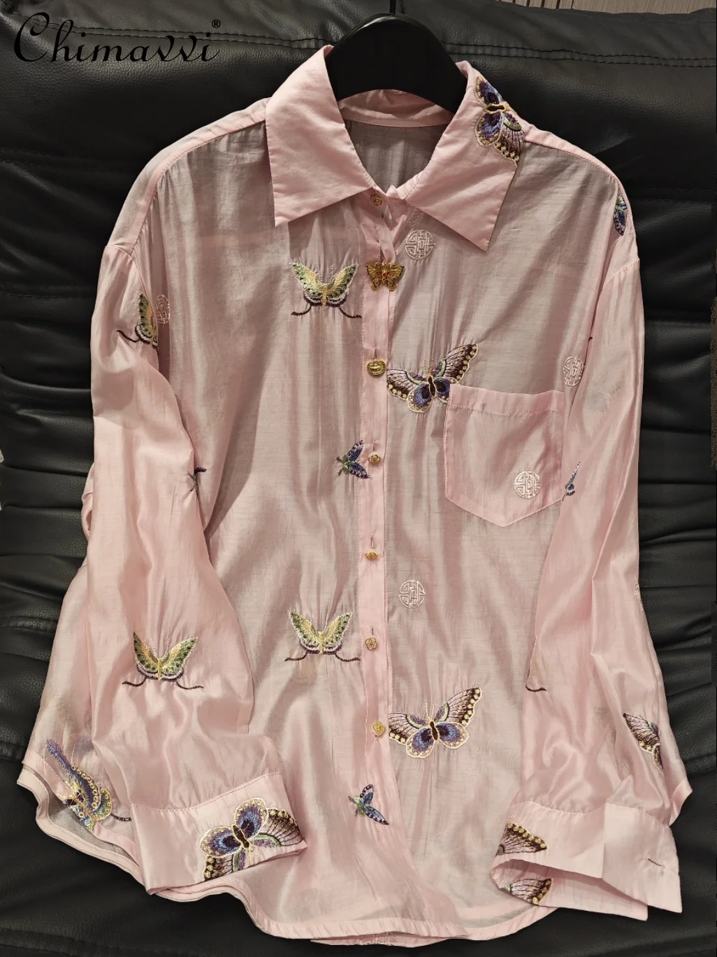 2024 Summer New Heavy Embroidery Butterfly Long-Sleeved Shirt Women\'s Loose Fashion Versatile Casual Sun-Proof Shirts Blouse