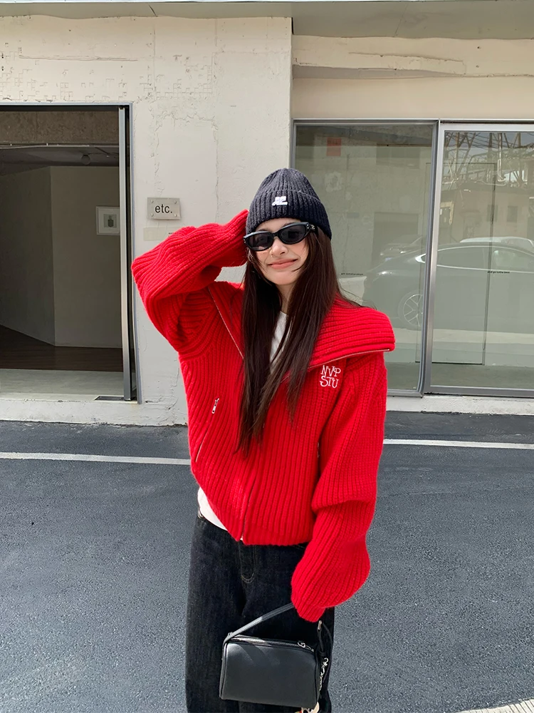 

NVPVVA Autumn Winter Thiened Knitted Sweater Zipper Collar Cisas New Year Red Lazy Sle Outerwear Women's Faion
