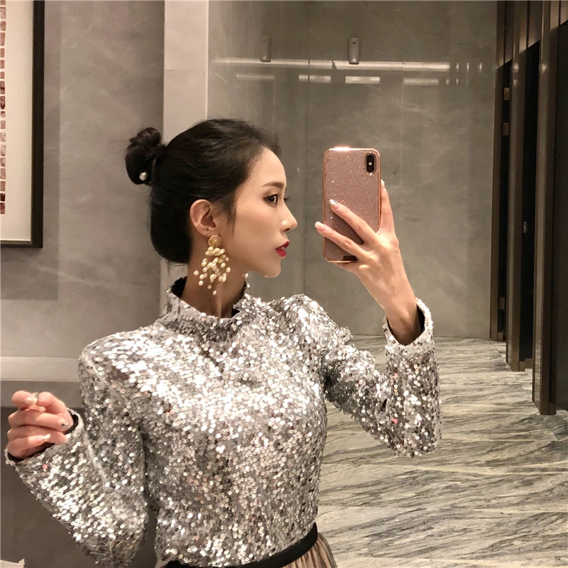 2023 Spring Autumn Sexy Gentle Retro Fashion Glitter Gold Top Women Stand Collar Long Sleeve Sequined T Shirts Y2k Style Clothes