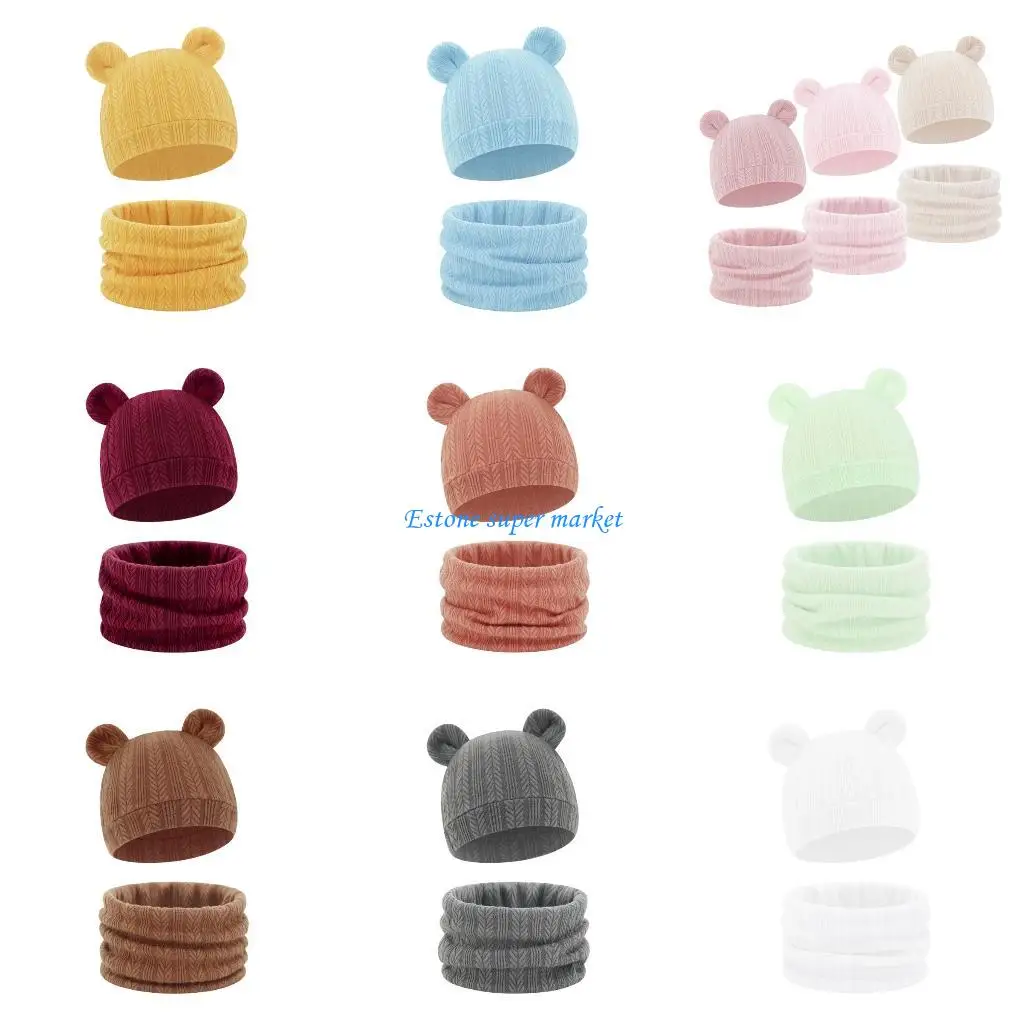 

090B Stylish Unisex Baby Knit Hat Scarf Set Double Layered Caps Perfect Winter Gift
