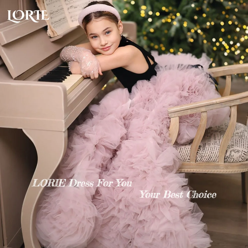 LORIE Baby Toddler Sleeveless Rose FlowerTulle Bow A-Line Tutu Twirly Babydoll Flare Ball Gown Princess Flower Girl Dress