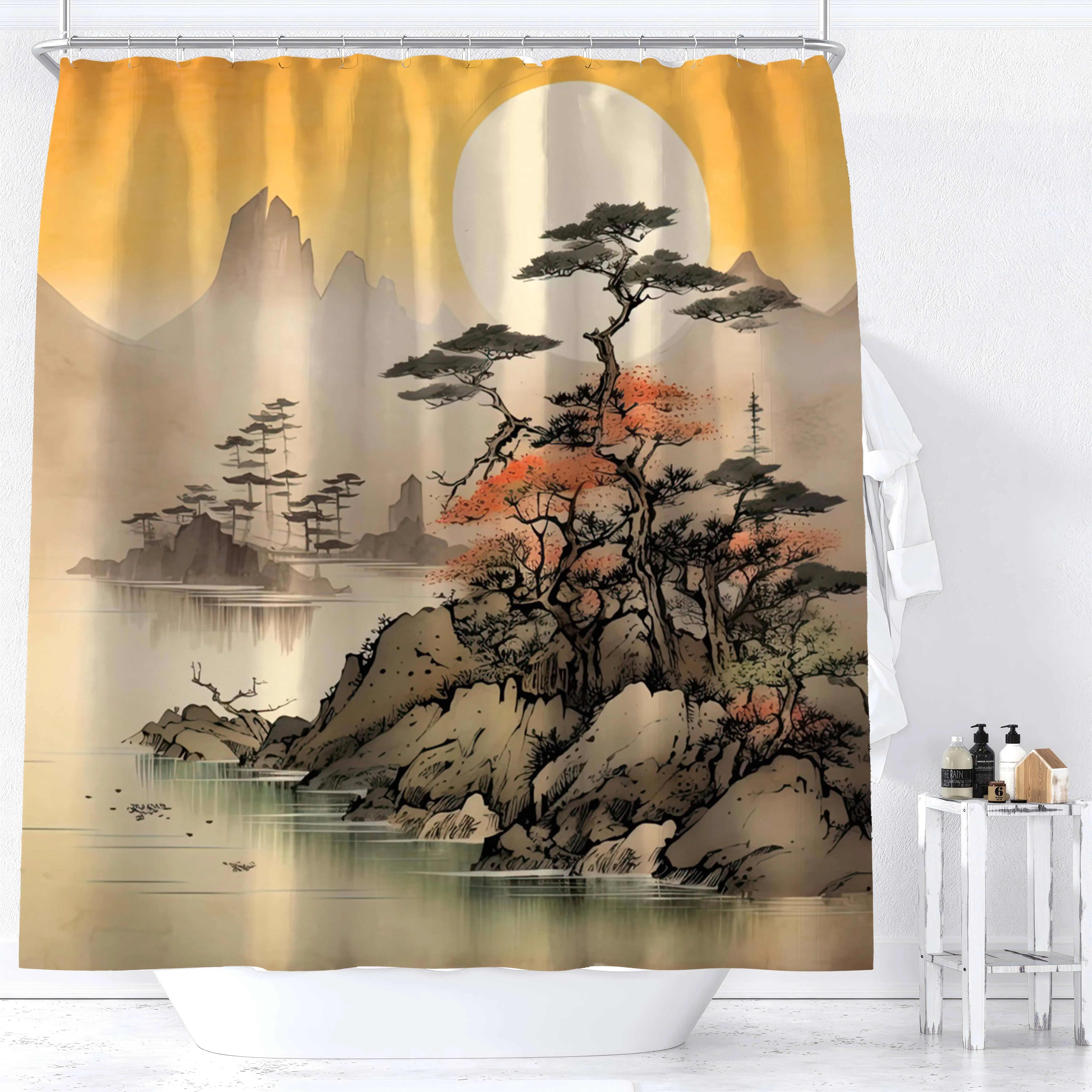 

1 шт., азиатская картина тушью, живописные горы и деревья, занавеска для душа, цифровая печать, декор для ванной комнаты, занавески для душа