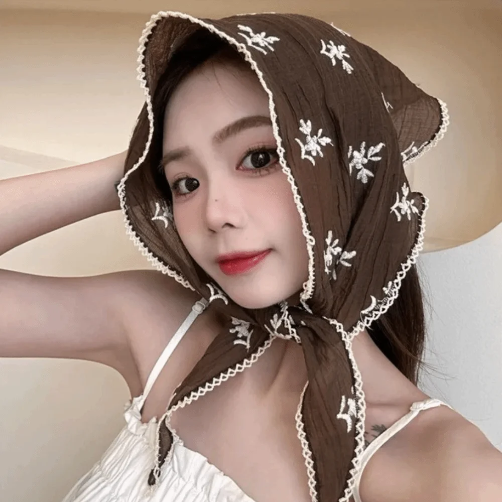 Embroidered Lace Triangle Scarf Korean Style Thin Flower Headband Turban Neckerchief Fresh Small Scarf Clothing Accessories