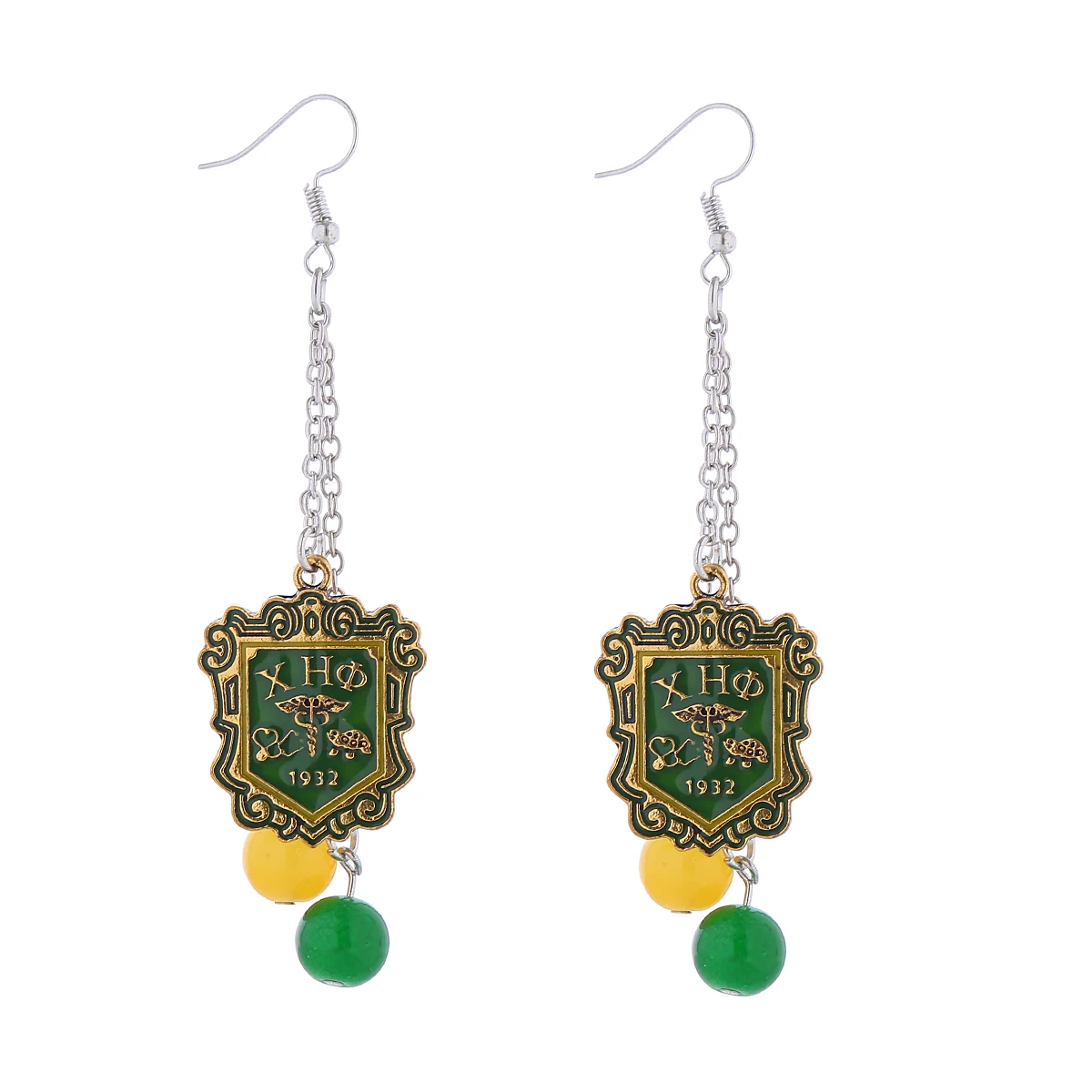 Green Yellow Group XHO Symbol Greek Letters Founded Years 1932 Sorority Club Chi Eta Phi Earrings