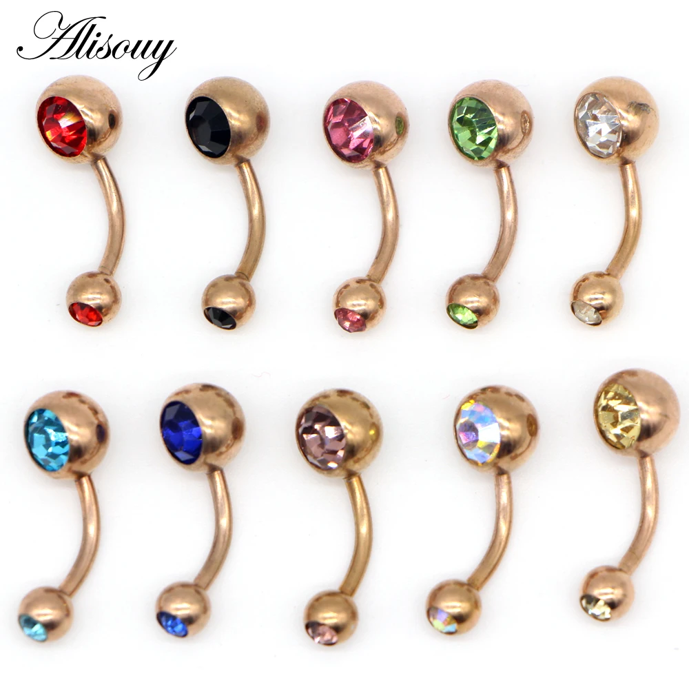 Alisouy 1 piece Rose Gold Color Prong Set Opal  Navel Belly Button Rings Piercing Bar Charming Body Jewelry 14G 10 colors