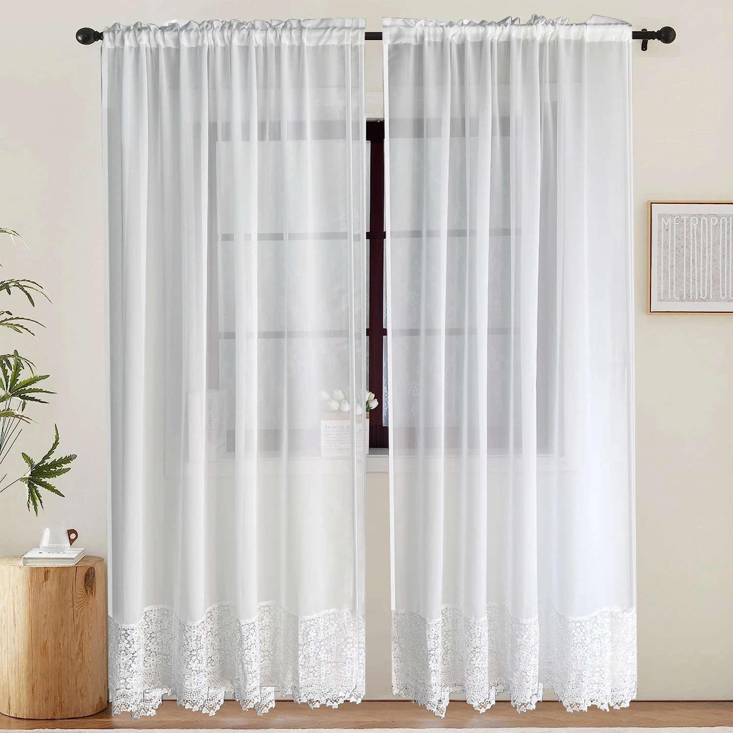 1Piece,White Bedroom Sheer Curtain Voile Tulle Bottom Hollow-out Scallop Edge Design Drapes ,Half Privacy Light Filtering Window