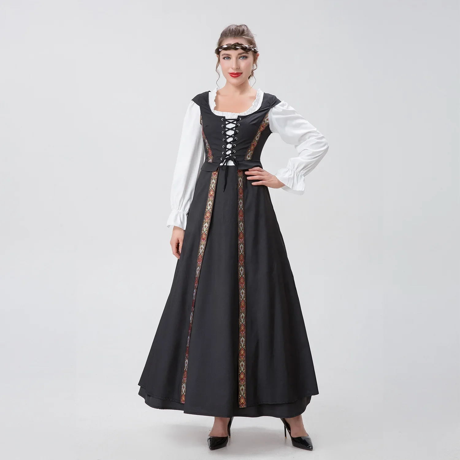 Renaissance Middeleeuwse Hof Gothic Fancy Vampier Cosplay Vintage Punk Lange Mouw Koningin Elegante Jurk Halloween Kostuum