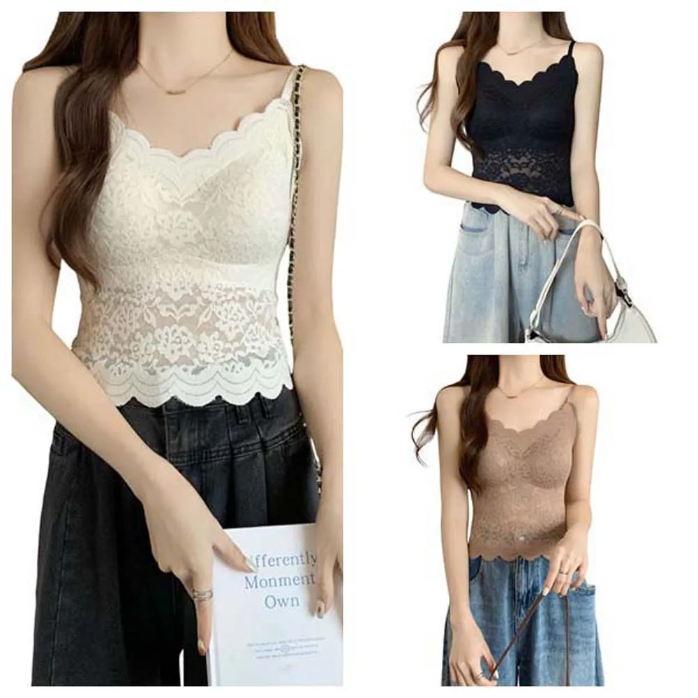 

With Chest Cushion Ice Silk Lace Camisole Non Trace Solid Color Ice Silk Corset Streetwear Sleeveless Suspender Vest