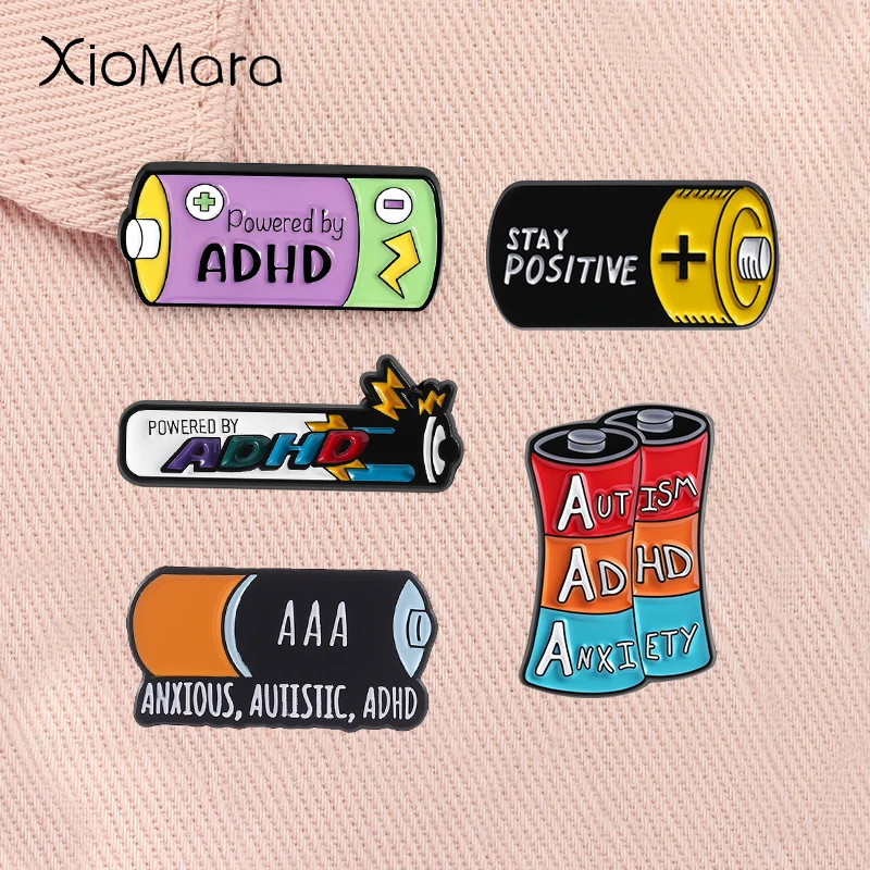 Powered By ADHD Enamel Pin Funny Battery Autism ADHD Anxiety Mental Health Awareness Brooches Lapel Badge Friends Jewelry Gifts
