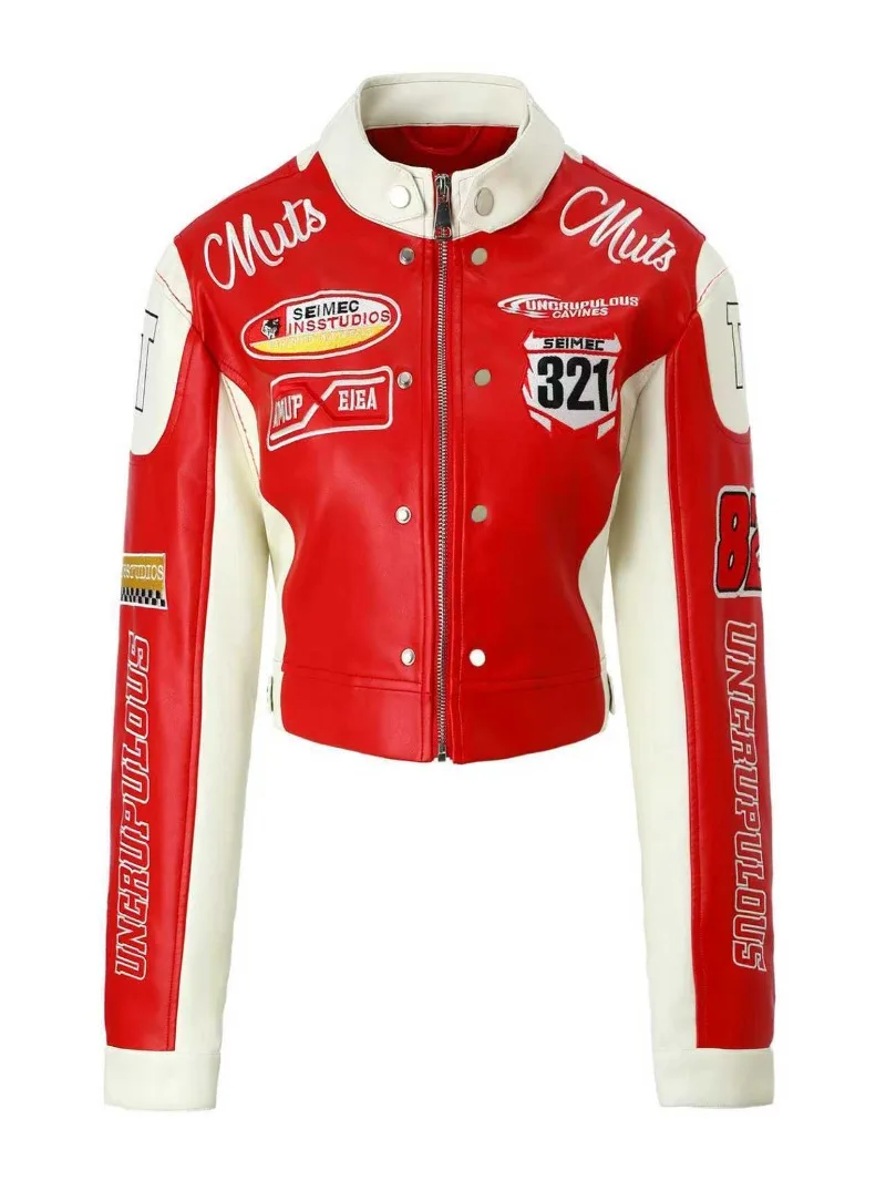 เสื้อแจ็คเก็ตนักขี่มอเตอร์ไซค์ปักลายคุณภาพสูงสำหรับผู้หญิง แจ็คเก็ตหนัง PU สั้นเท่ห์ สไตล์สตรีทแวร์ เสื้อโค้ทบอมเบอร์ เสื้อผ้าผู้หญิงแนวเรซซิ่ง