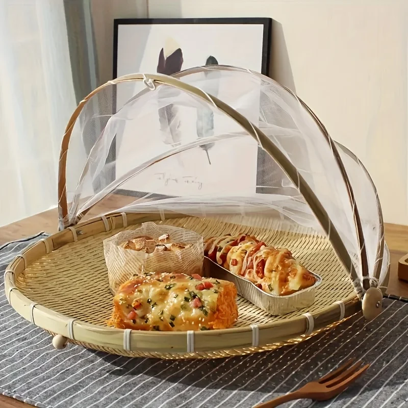 Bamboo Woven Baskets Anti-Mosquito Nets Fruit Vegetable Basket Dustpan Tent Basket Tray Portable Picnic Mesh Net Covers