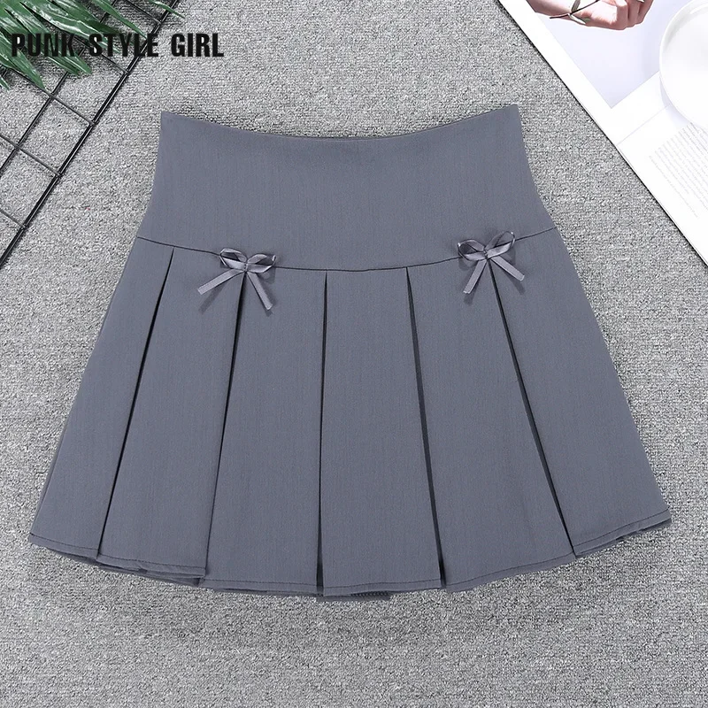 

Women High Waist Grey Kawaii Solid Mini Skirt Fashion Preppy Style Pleated Skirts Streetwear Casual Vintage Summer Skort Bow 90s