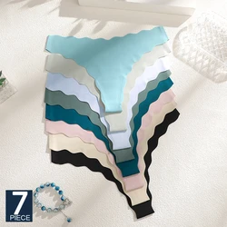 FINETOO 7PCS/Set Women's Panties Ice Silk Satin Seamless Thongs Fashion Seamless Panties Sexy Lingerie Lady Wavy Edge G-Strings