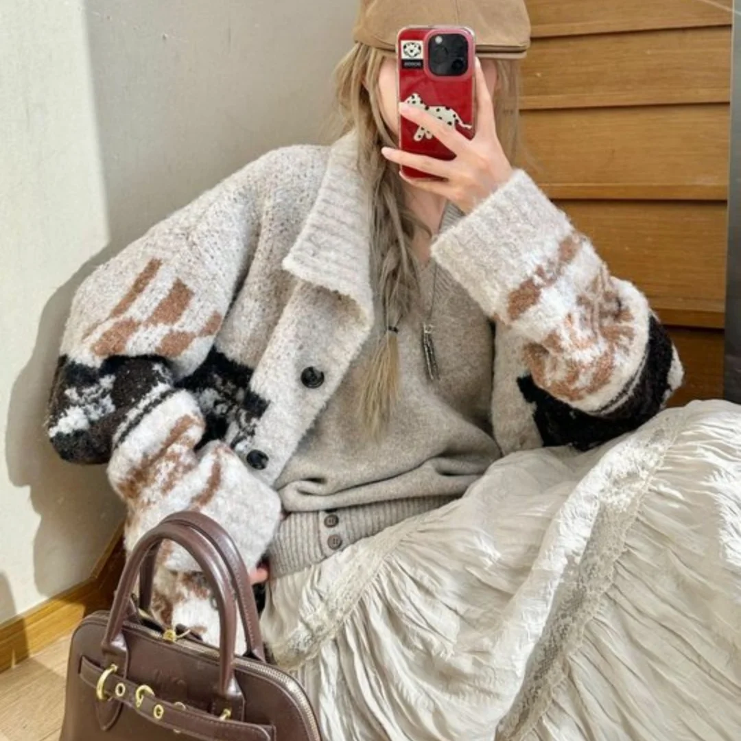 ヴィンテージフェアアイランドジャカードスタンドアップニットカーディガン女性の秋/冬ヨーロッパとアメリカのルーズ厚いトップ暖かいコート