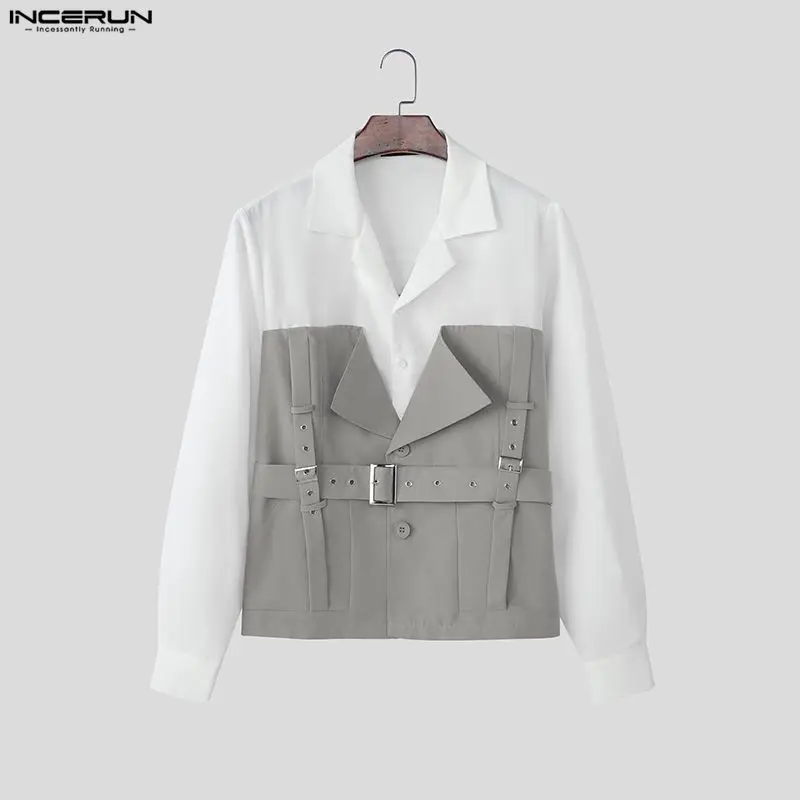 

INCERUN Мужская рубашка в стиле пэчворк с лацканами и длинными рукавами на пуговицах Мужская одежда Уличная одежда Свободные рубашки-карго с цветными блоками Мужская мода Camisas