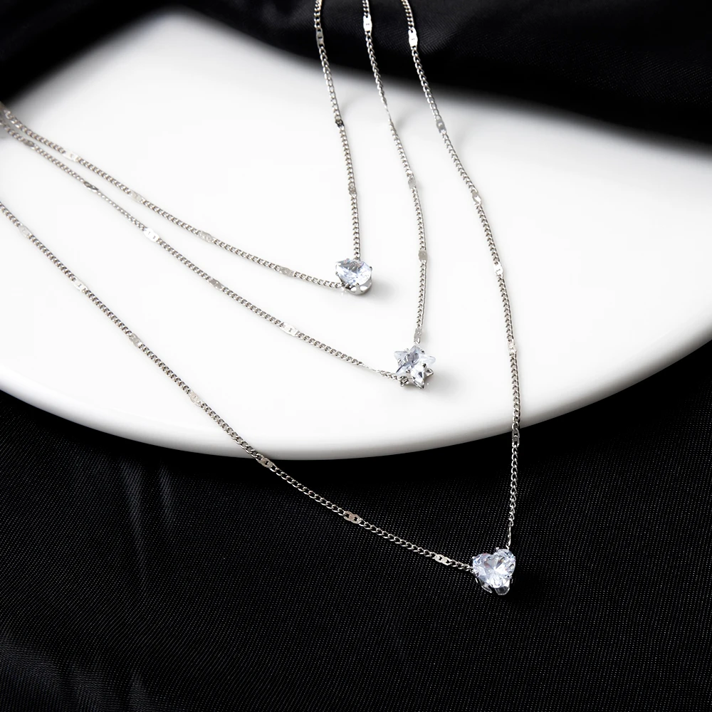 1Pc Multi-layered Dainty Light Luxury Water Drop Love Heart Star Set Chain Pendant Metal Collarbone Necklace Gift For Girl Women image 4