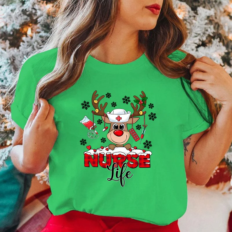 

New Christmas Elk Nurse Life Print Short Sleeve Casual T-Shirt Summer Fashion Harajuku Short Sleeve Women'S Men's Christmas Top