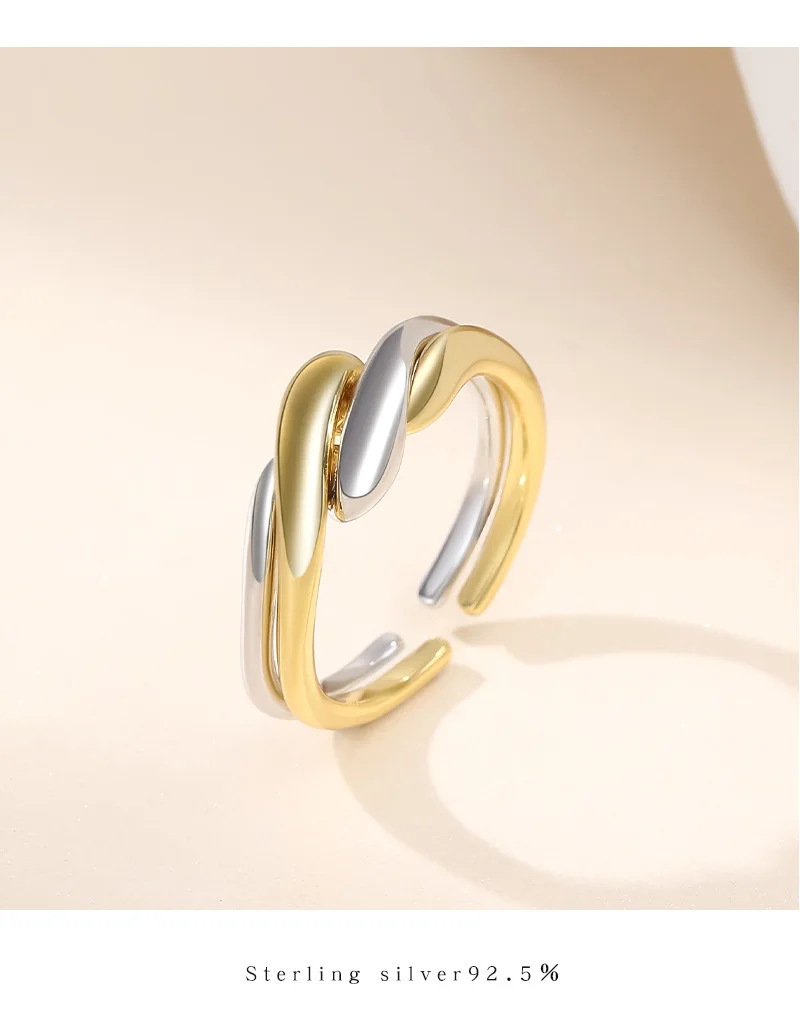 S925 Sterling Silver Wave Ring for Women, Asymmetric Minimalist, Two Tone Jewelry Light, Luxury, Elegant, Geometric Gift for Her