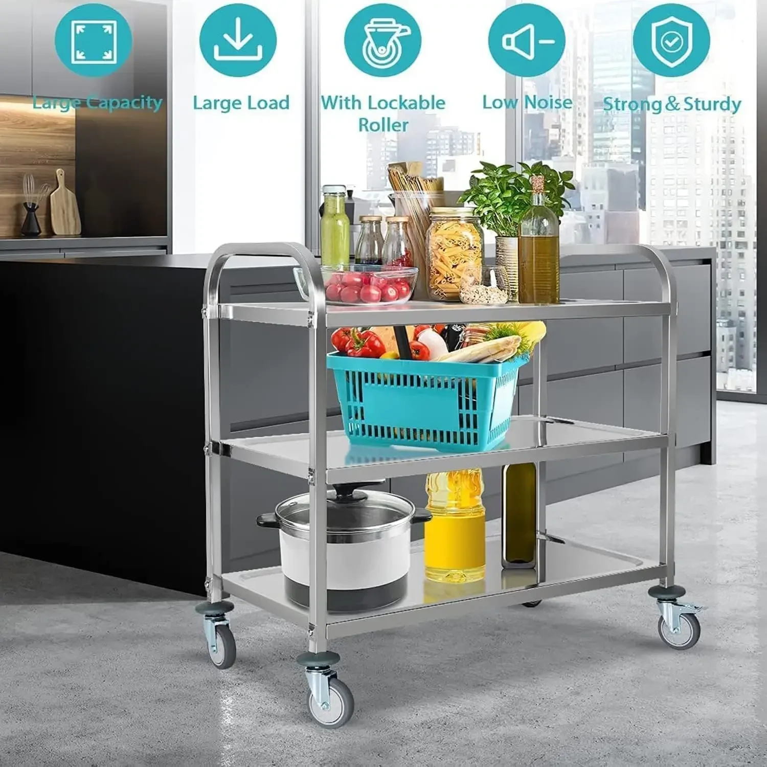 Steel 37.4 x 19.7 x 37.4 Inch Kitchen Trolley Serving Kitchen Utility Rolling Service Catering Storage