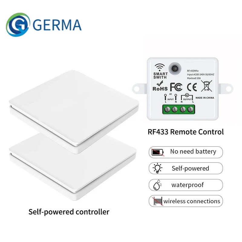 GERMA Smart Wireless Switch RF433Mhz Self-Powered Push Button Wall Panels Remote Controller Light Switch Waterproof Wall Switch